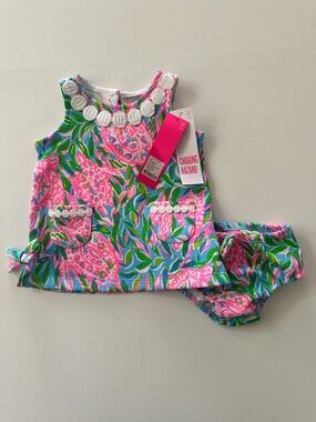 Lilly Pulitzer 3-6 Months Baby Girl Pink Tropical Turtle Dress Set Frenchie Blue